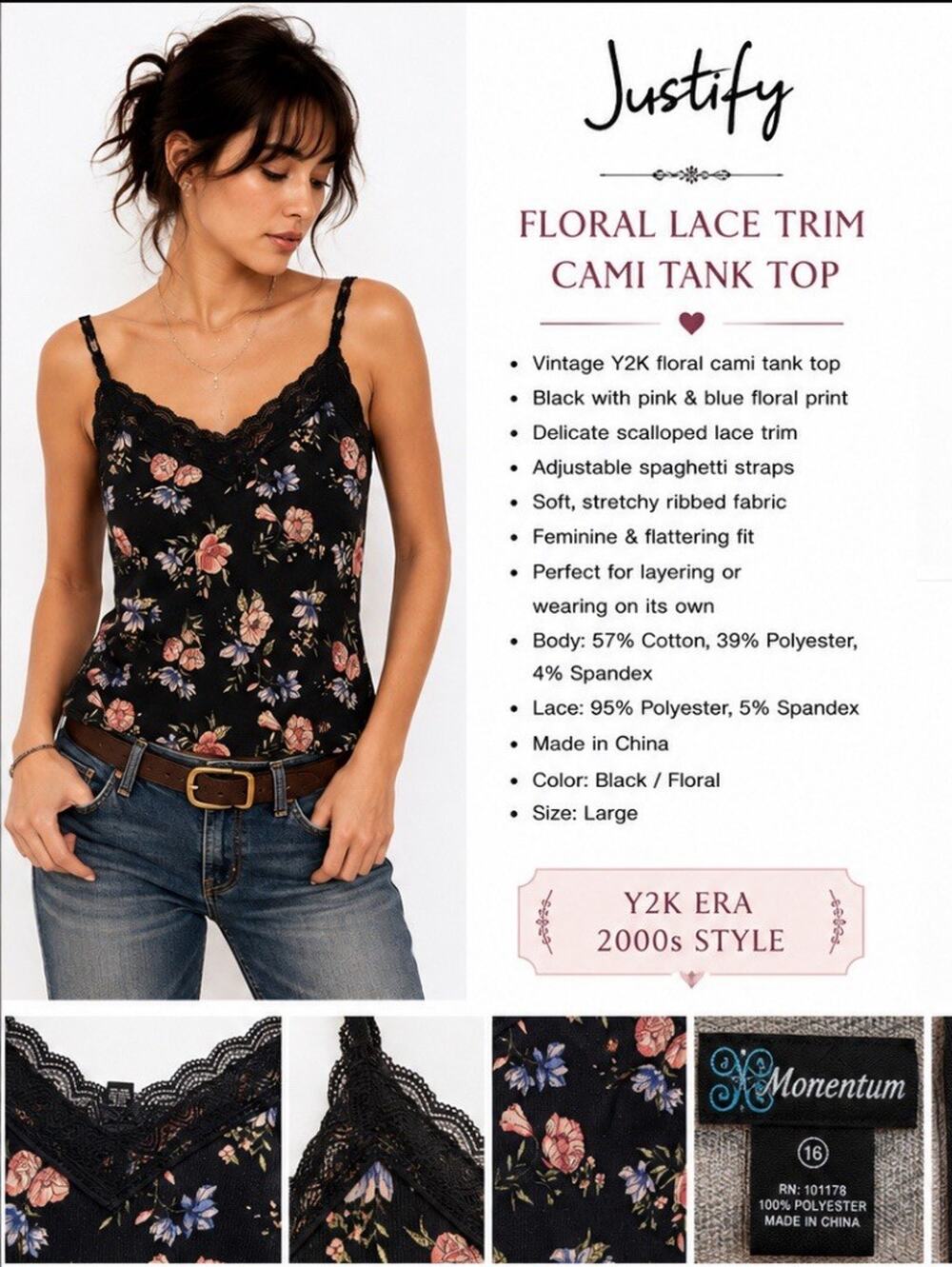 Y2K Indie Sleaze Layering Justify Floral Lace Trim Cami Tank Top Size L Black